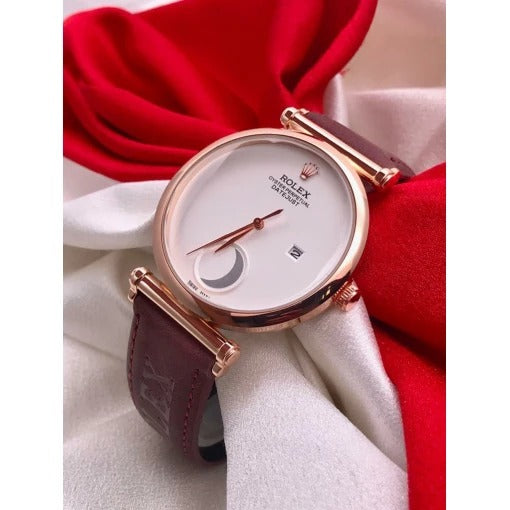 RLX Daytona Half Moon Dial Swiss Leather Men's Watch For Man White Color Dial Maroon Color strap Date Gift Watch - RLX-16