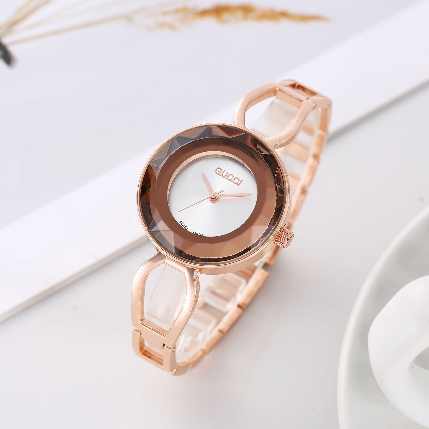 GC Gold Color Watch With White Dial With BRown Color Crystal Case Watch For Woman Or Girl Gold Strap Watch GC-6541