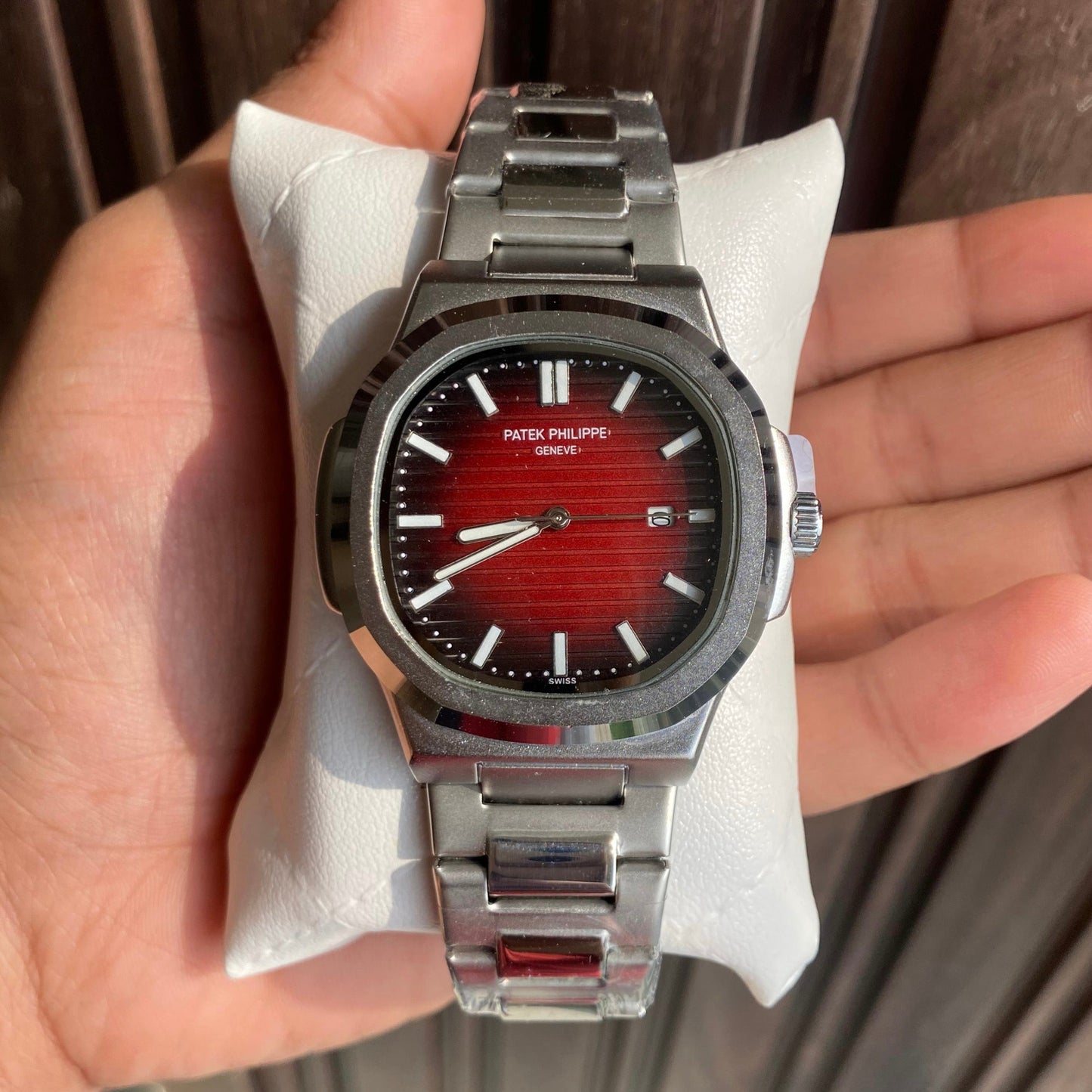 PP Silver Strap Maroon Red Dial Nautilus Perpetual Calendar PP-MAROON