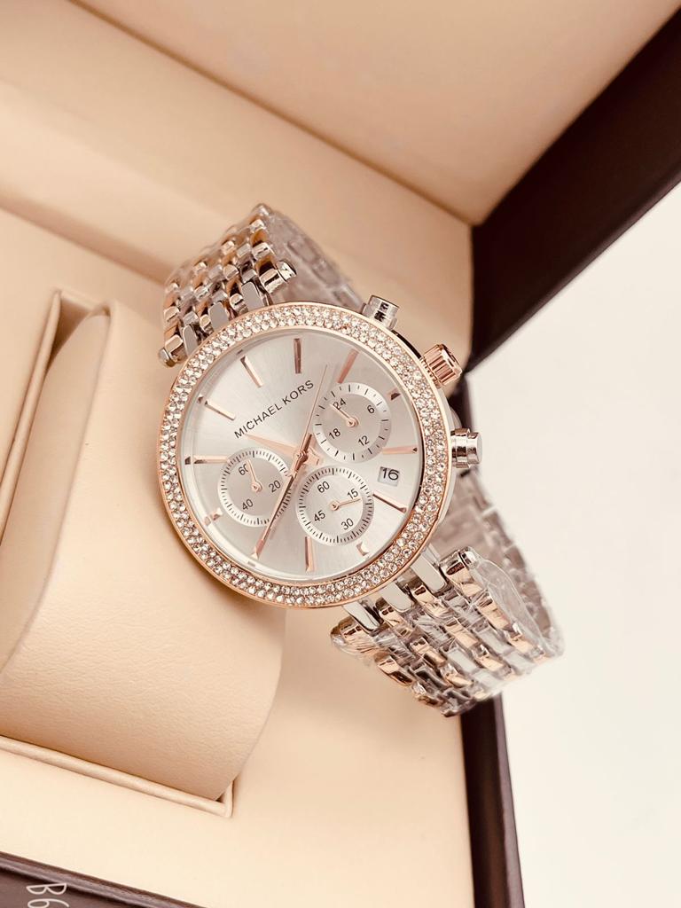 MK Chronograph Silver And Rose Gold Strap Womenƒ??s Watch for Girl or Woman Silver Dial MK-9128