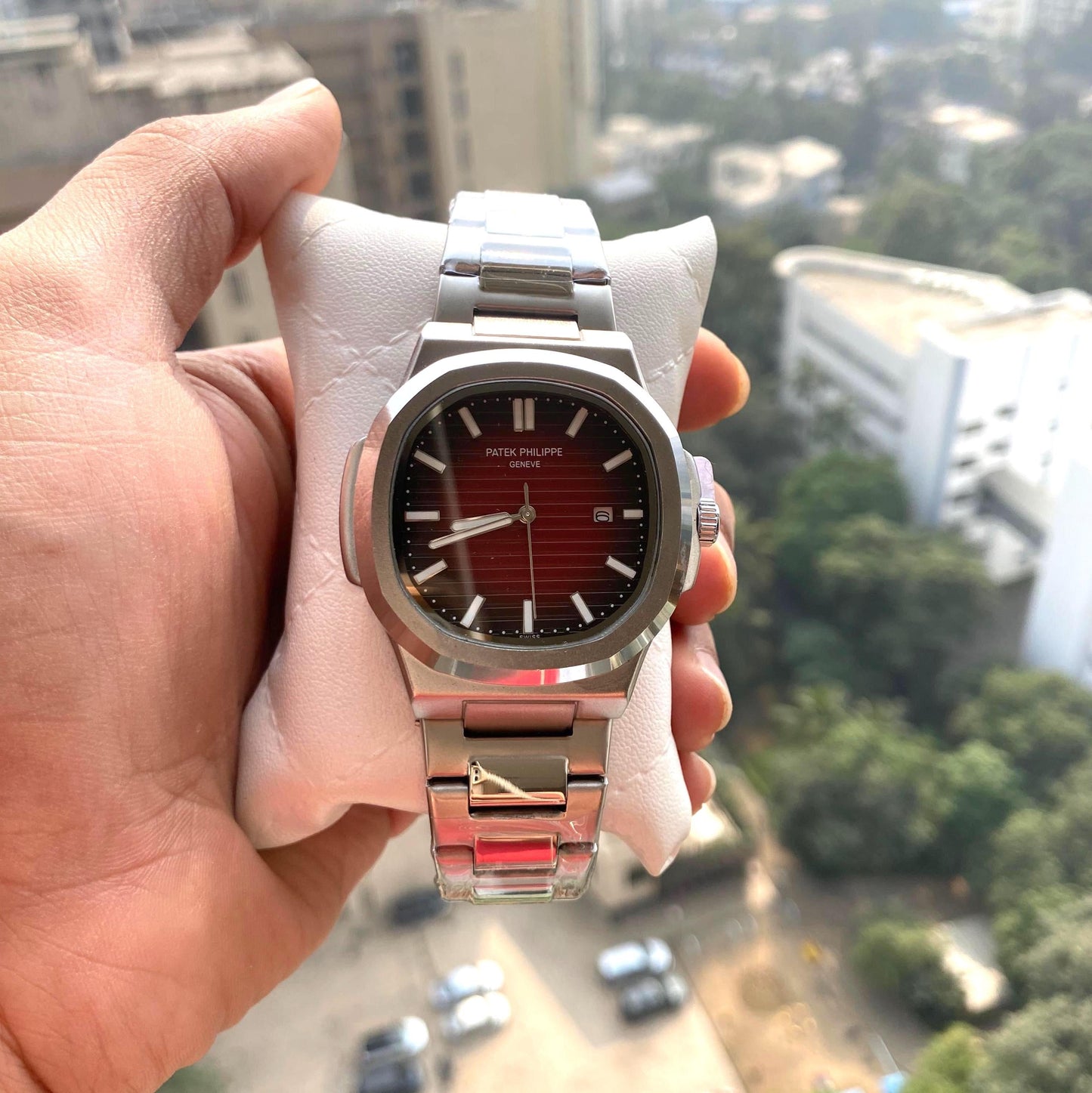 PP Silver Strap Maroon Red Dial Nautilus Perpetual Calendar PP-MAROON