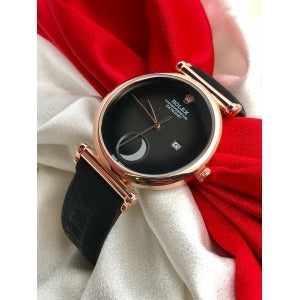 RLX Daytona Half Moon Dial Swiss Black Color Leather Men's Watch For Man Black Color Dial Multi Date Gift Watch - RLX-12