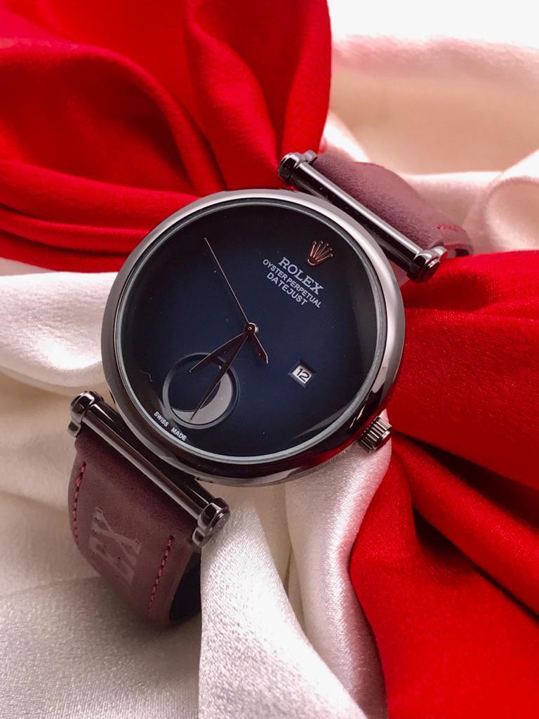 RLX Daytona Half Moon Dial Swiss Maroon Color Strap Leather Men's Watch For Man Rlx-40 Blue Color Dial Case Date Gift Watch