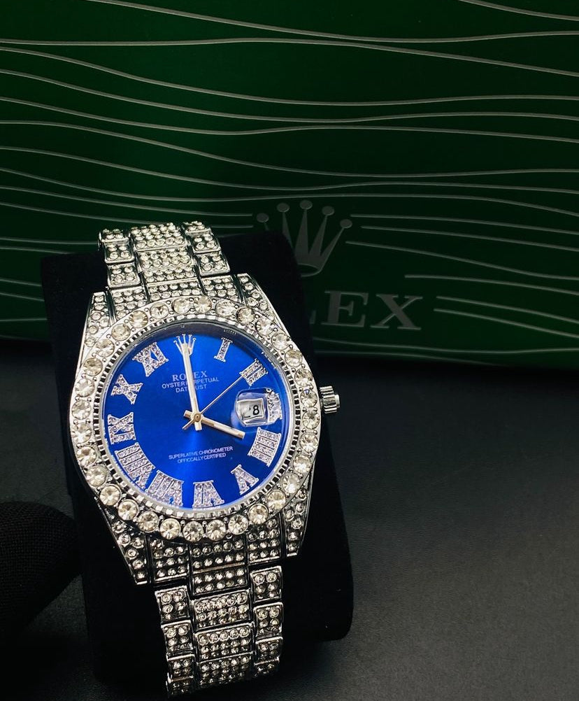 RLX Analog Diamond Set Silver Watch/ Blue Dial Royal Stainless Steel RLX-8084
