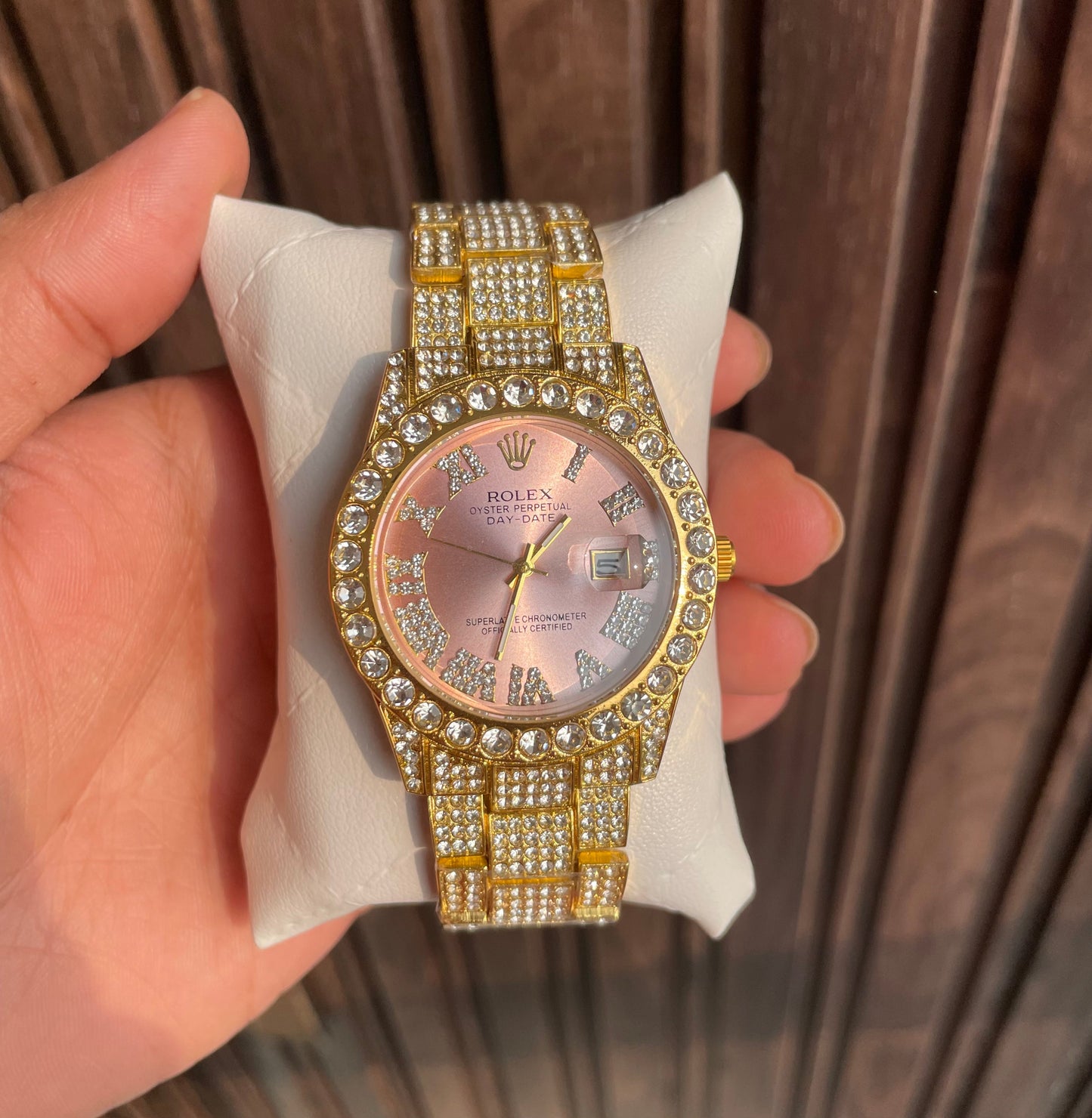 Rolex Analog Diamond Set Golden Strap Pink Dial Watch Royal Stainless Steel RLX-8085