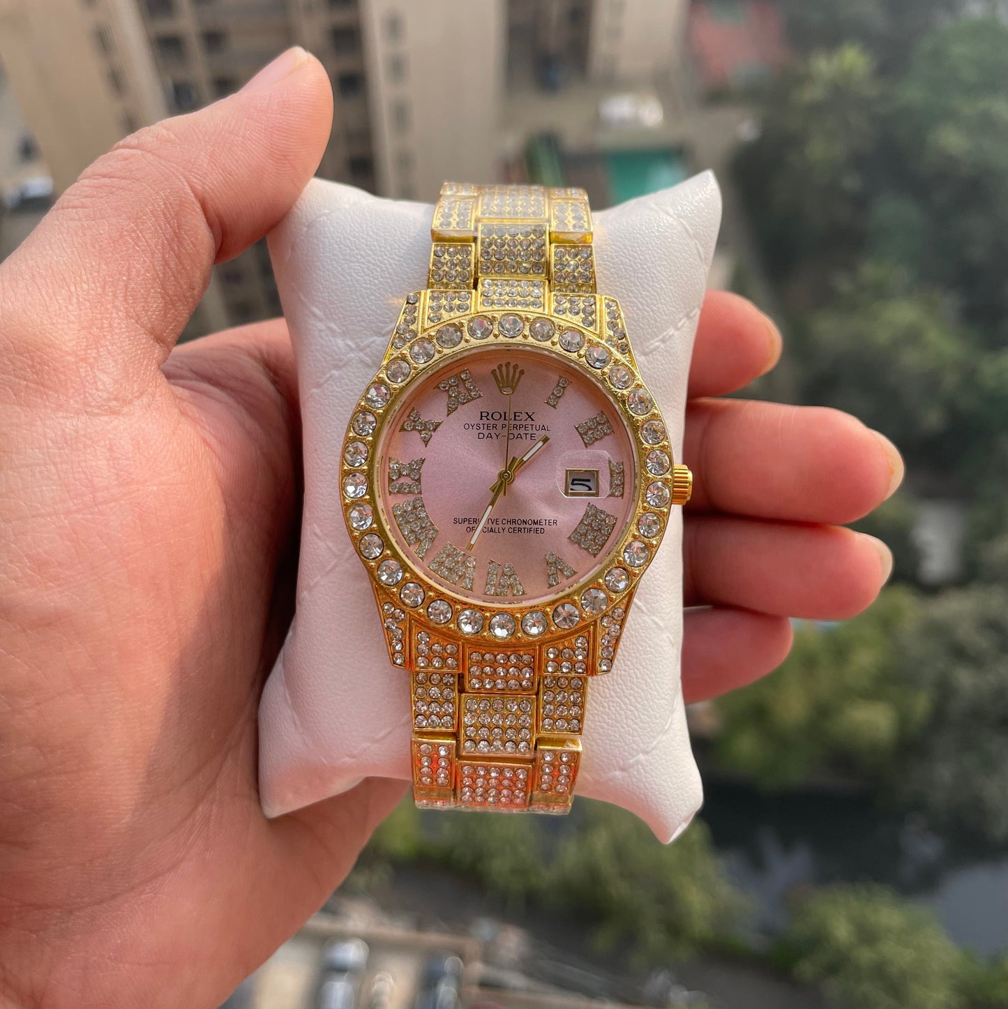 Rolex Analog Diamond Set Golden Strap Pink Dial Watch Royal Stainless Steel RLX-8085