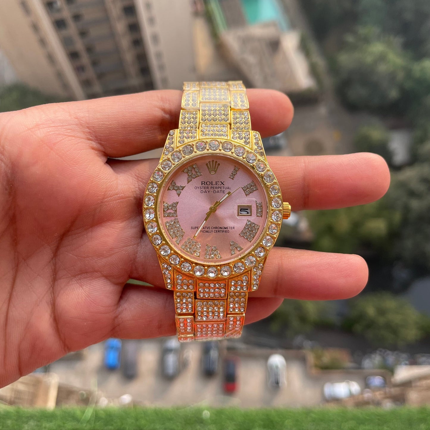 Rolex Analog Diamond Set Golden Strap Pink Dial Watch Royal Stainless Steel RLX-8085