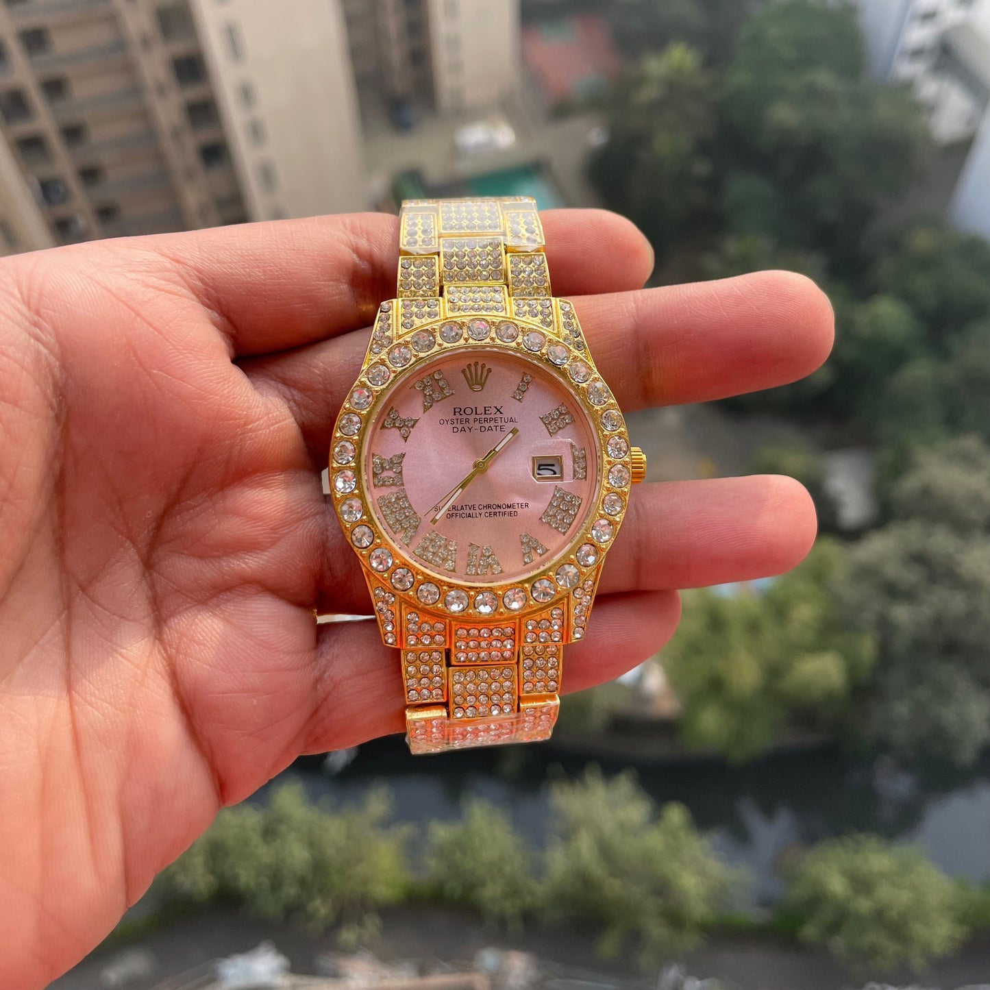 Rolex Analog Diamond Set Golden Strap Pink Dial Watch Royal Stainless Steel RLX-8085