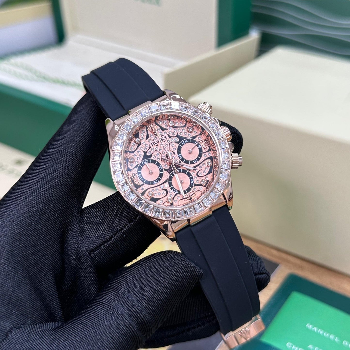 Rolex Cosmograph Rose Gold Color Case and Designer Dial Daytona Chronograph Quartz Chronometer Diamond Men's Watch - EYE OF THE TIGER TIGER-R-1166