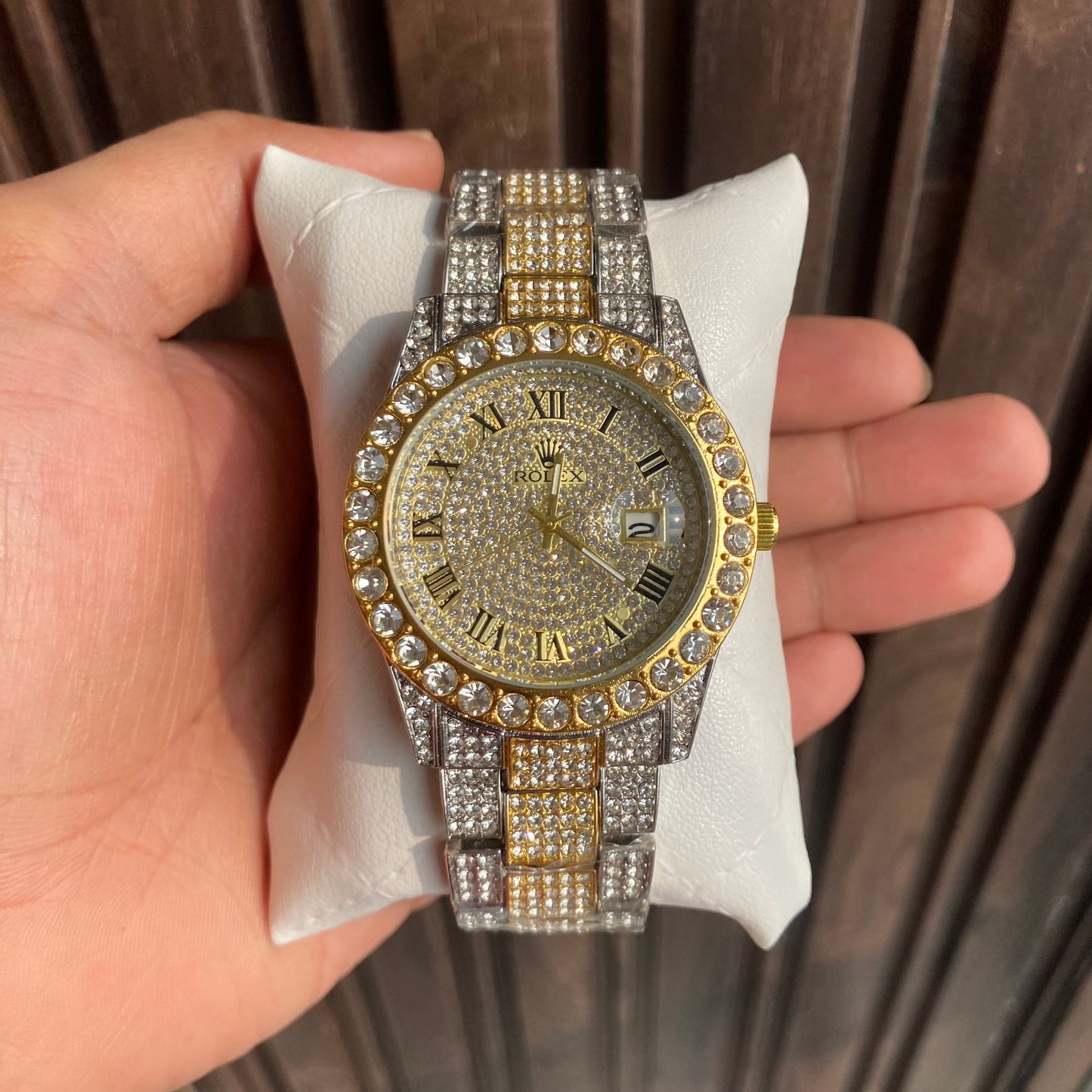 RLX Analog Diamond Set Silver And Golden Strap Watch Golden Dial Royal Stainless Steel RLX-8086