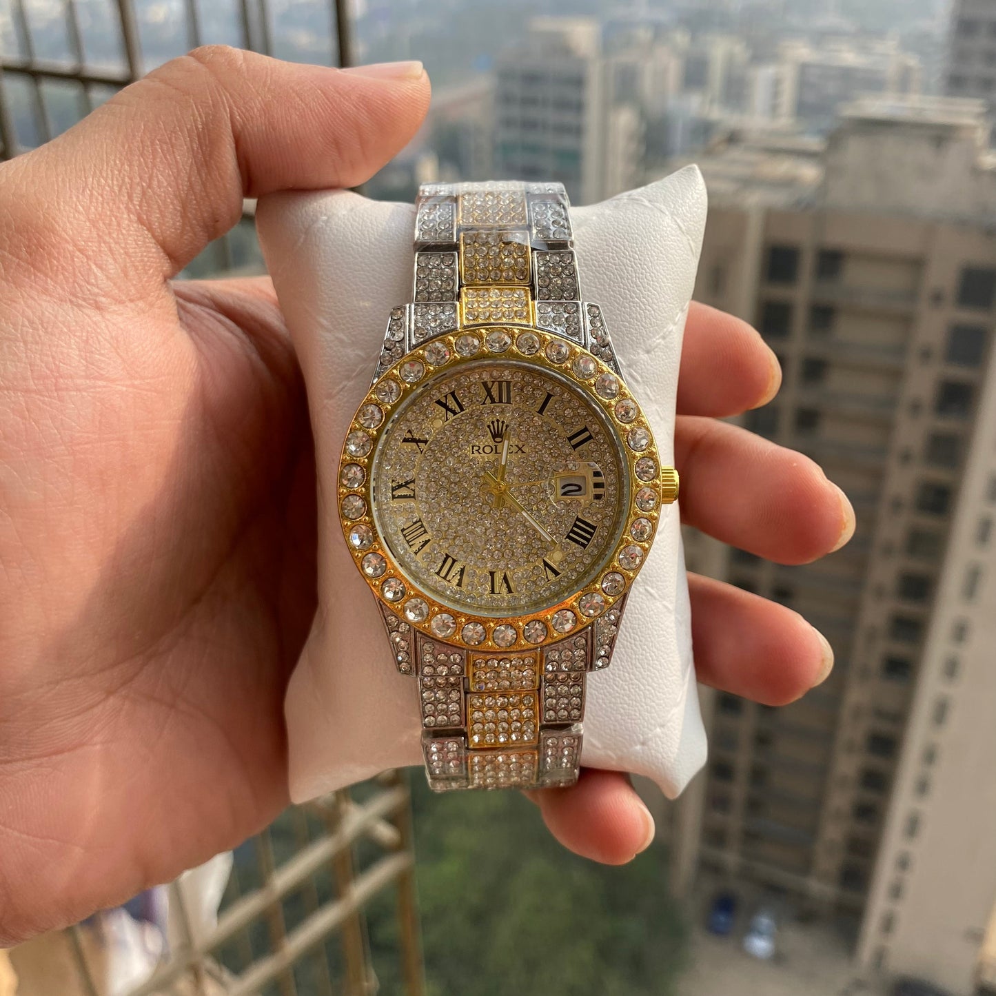 RLX Analog Diamond Set Silver And Golden Strap Watch Golden Dial Royal Stainless Steel RLX-8086