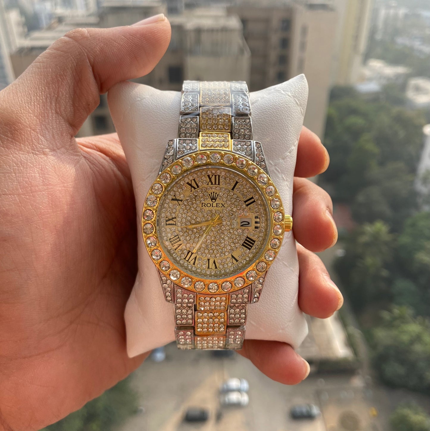 RLX Analog Diamond Set Silver And Golden Strap Watch Golden Dial Royal Stainless Steel RLX-8086