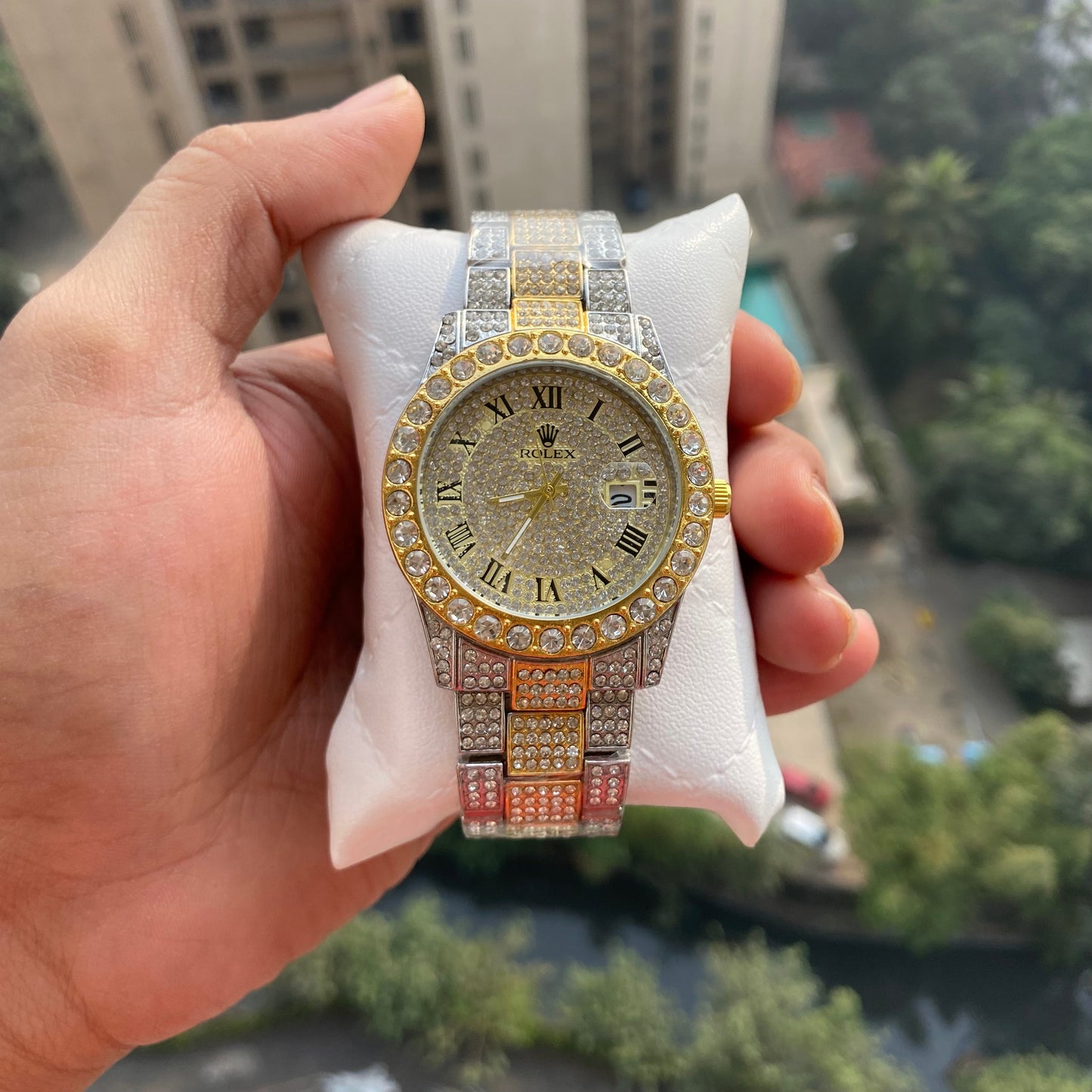 RLX Analog Diamond Set Silver And Golden Strap Watch Golden Dial Royal Stainless Steel RLX-8086