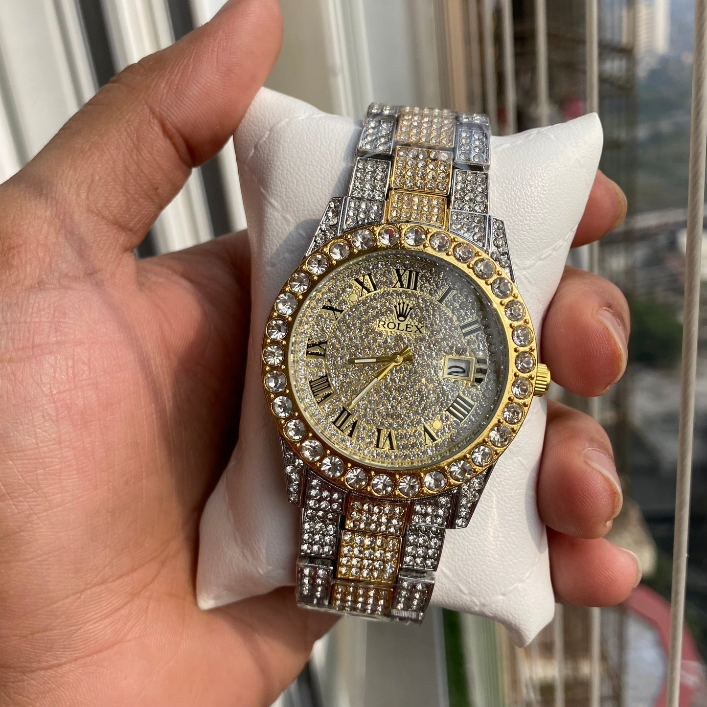 RLX Analog Diamond Set Silver And Golden Strap Watch Golden Dial Royal Stainless Steel RLX-8086