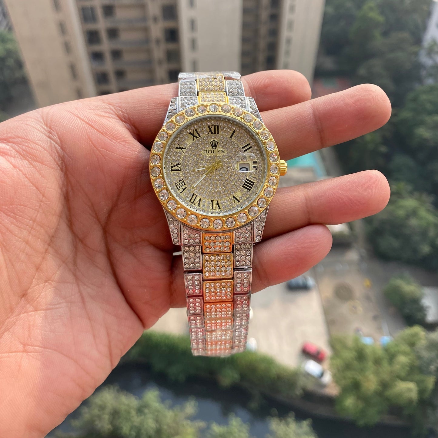 RLX Analog Diamond Set Silver And Golden Strap Watch Golden Dial Royal Stainless Steel RLX-8086