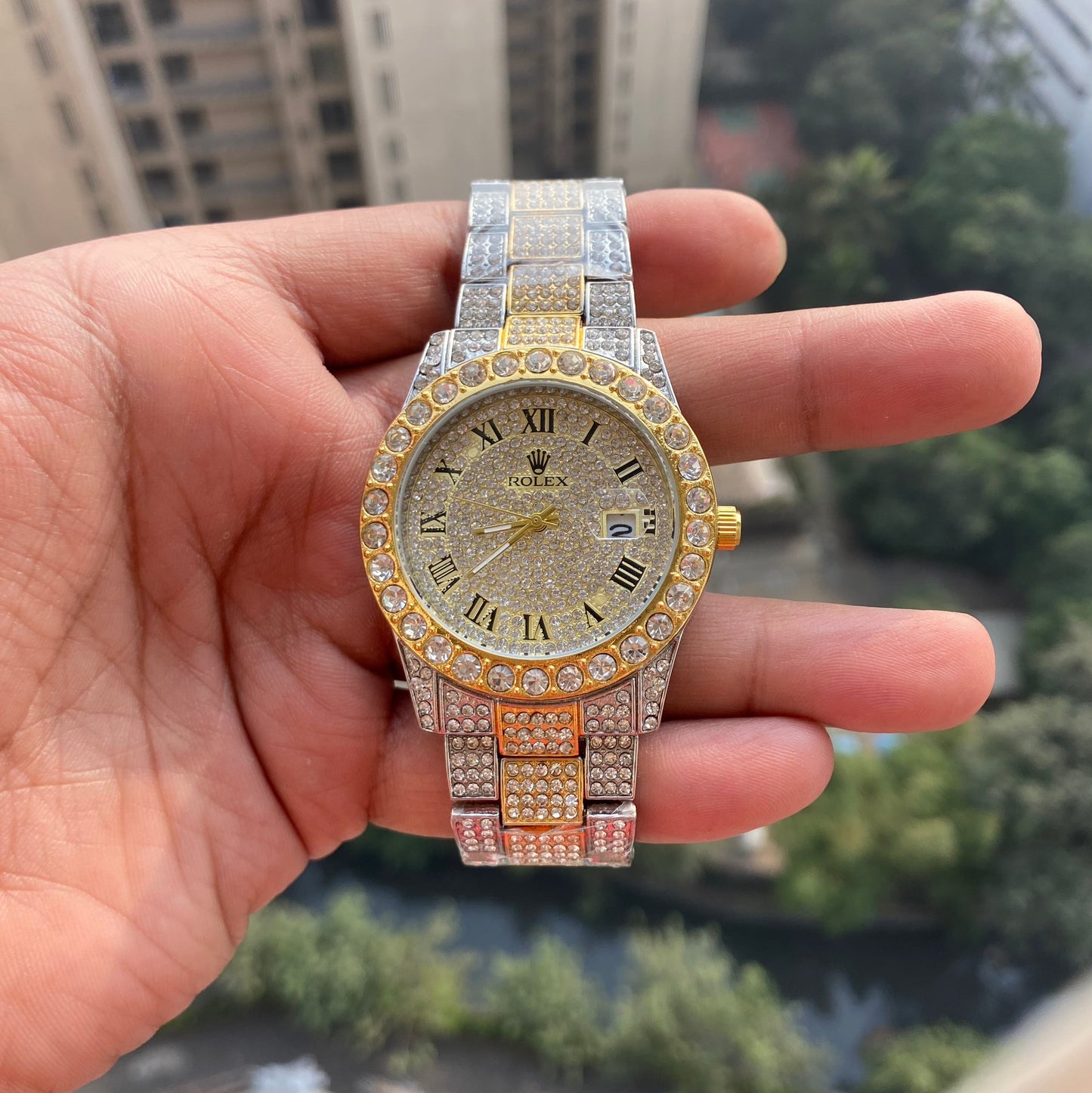 RLX Analog Diamond Set Silver And Golden Strap Watch Golden Dial Royal Stainless Steel RLX-8086
