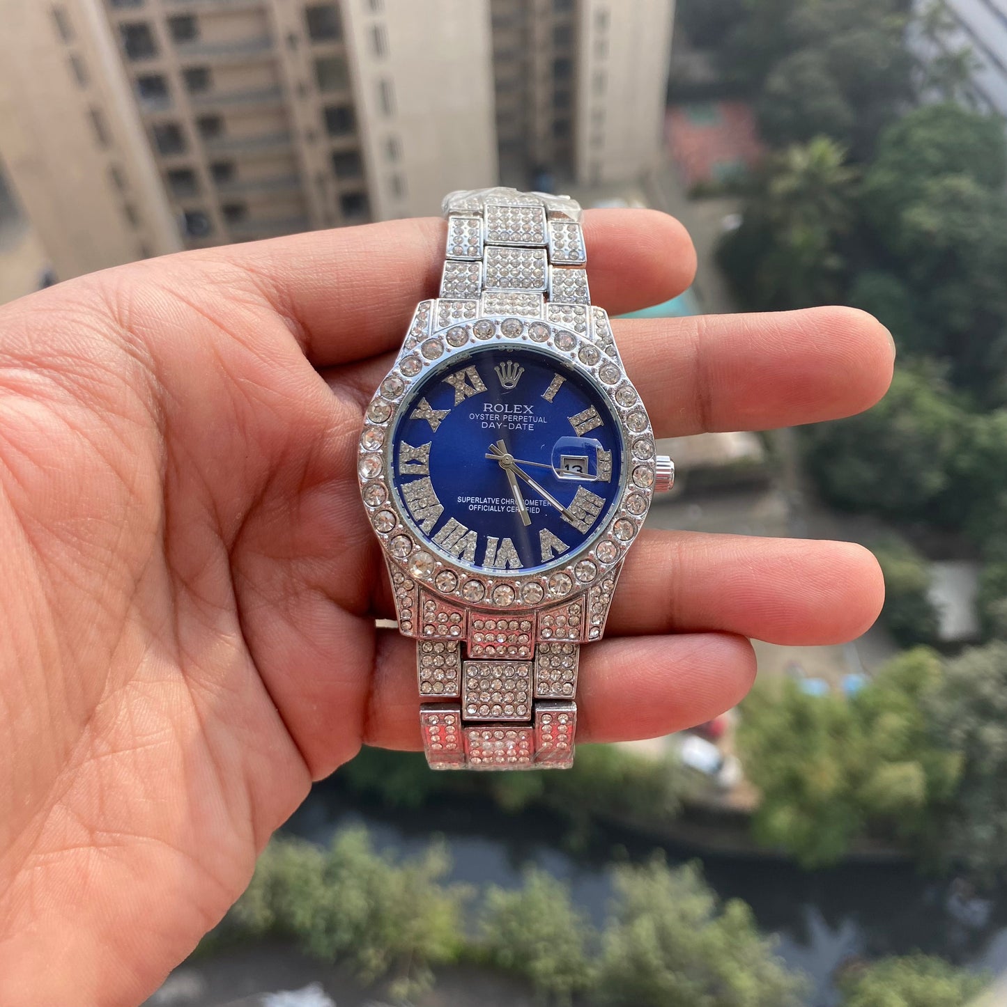 RLX Analog Diamond Set Silver Watch/ Blue Dial Royal Stainless Steel RLX-8084