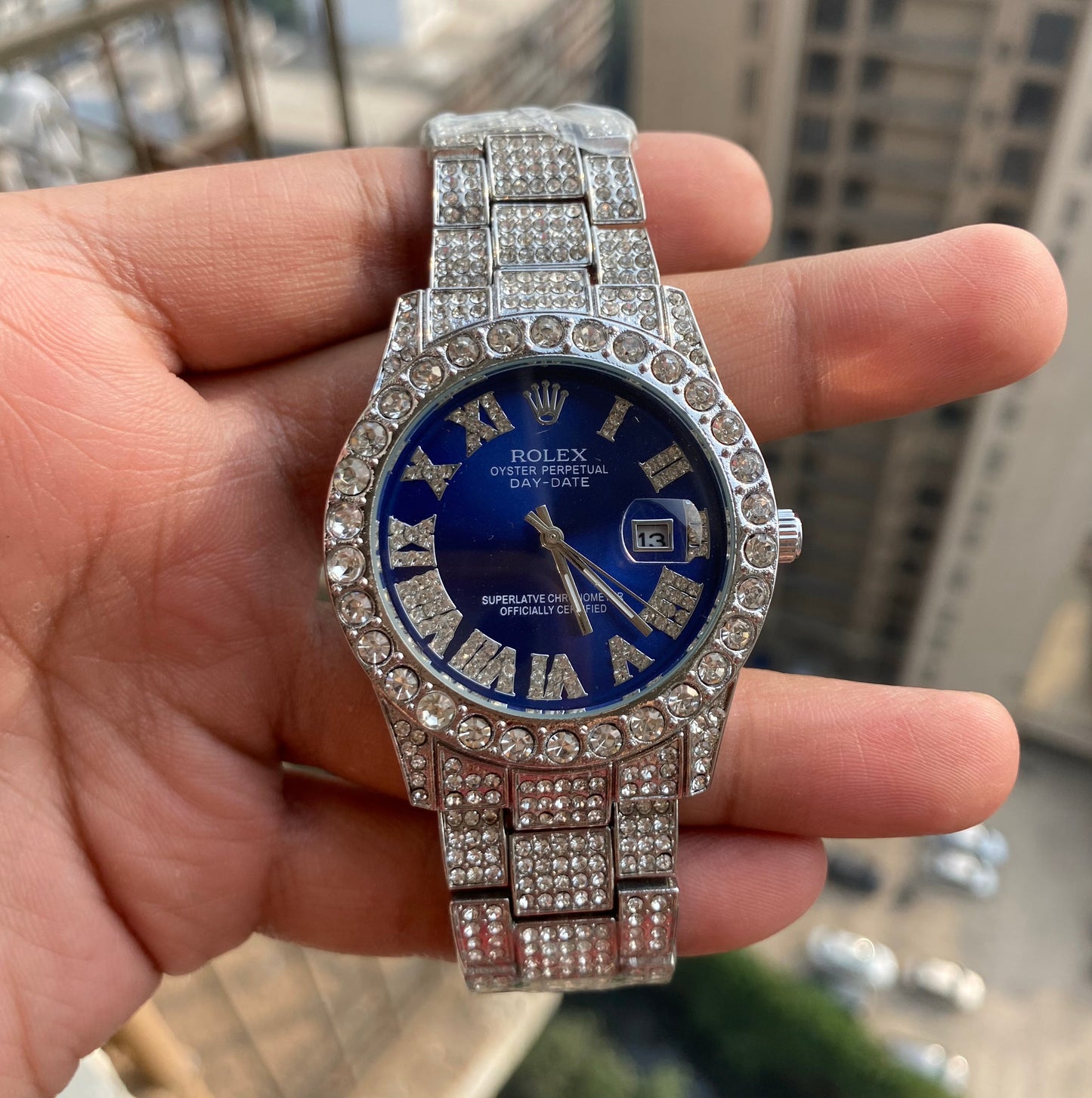 RLX Analog Diamond Set Silver Watch/ Blue Dial Royal Stainless Steel RLX-8084