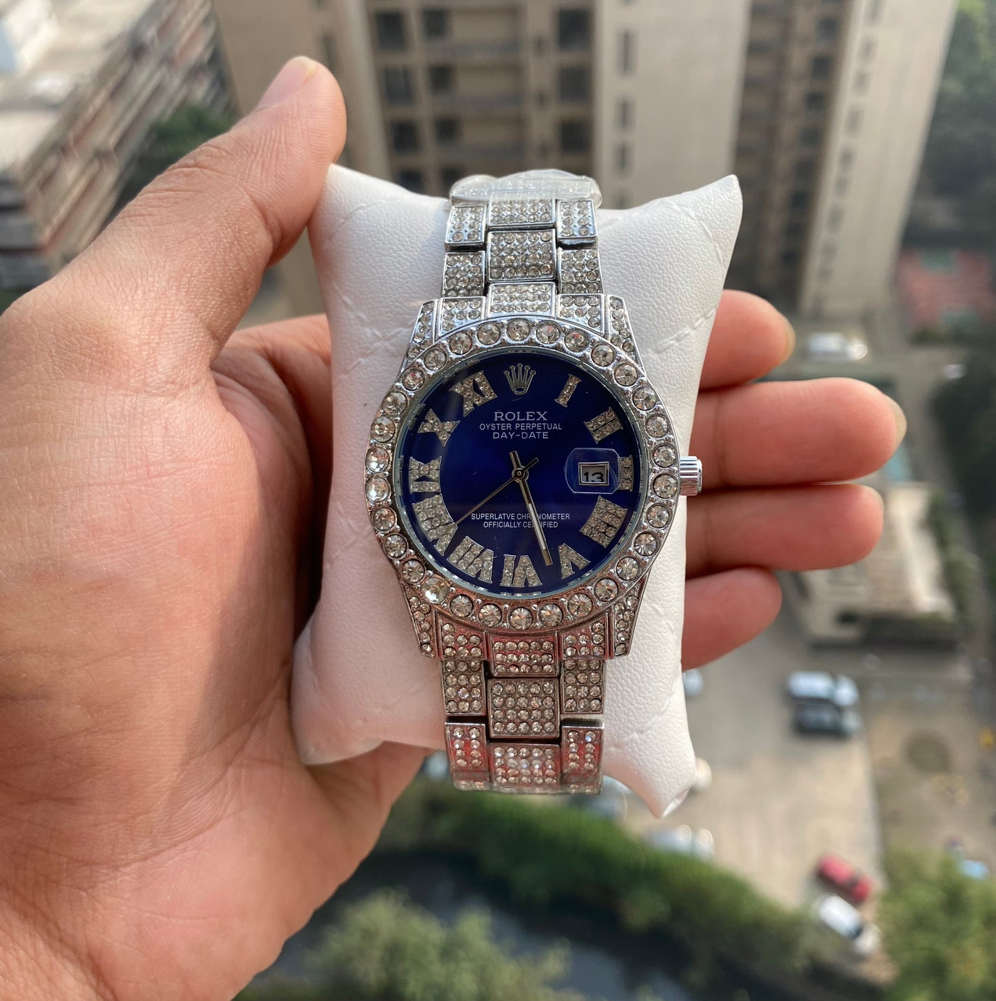 RLX Analog Diamond Set Silver Watch/ Blue Dial Royal Stainless Steel RLX-8084