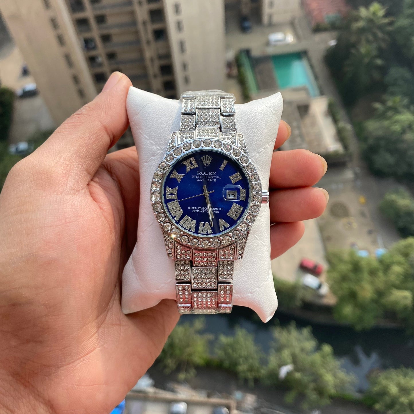 RLX Analog Diamond Set Silver Watch/ Blue Dial Royal Stainless Steel RLX-8084