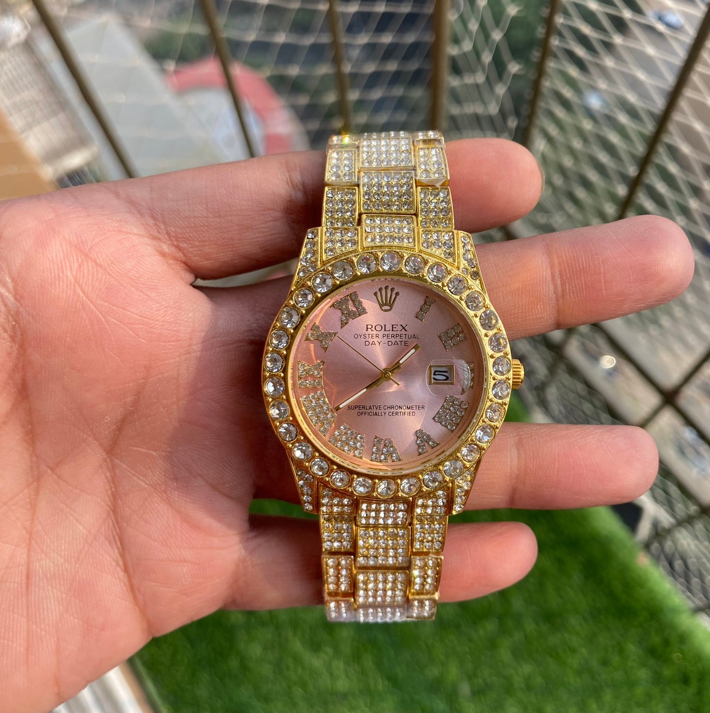 Rolex Analog Diamond Set Golden Strap Pink Dial Watch Royal Stainless Steel RLX-8085