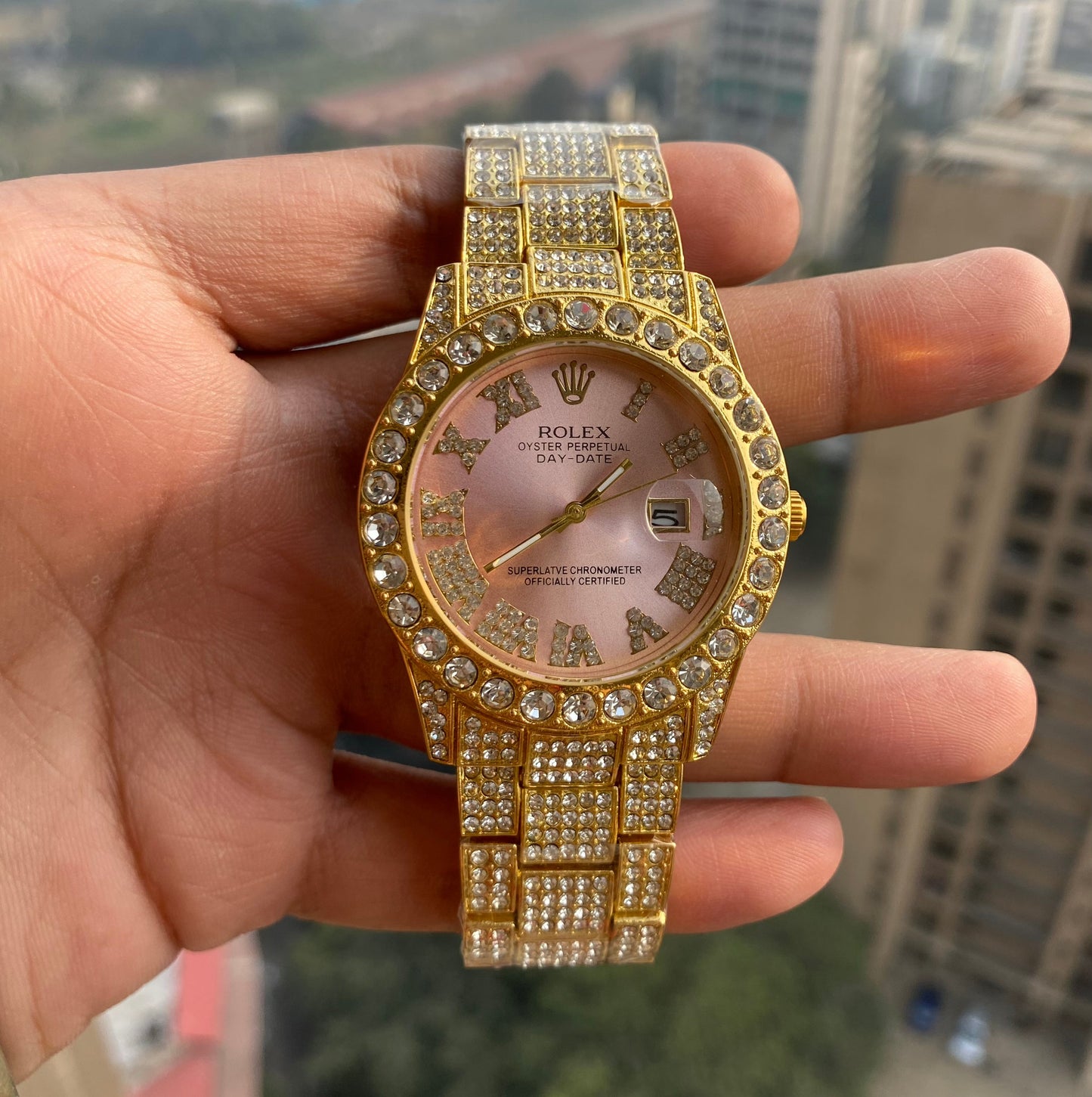 Rolex Analog Diamond Set Golden Strap Pink Dial Watch Royal Stainless Steel RLX-8085