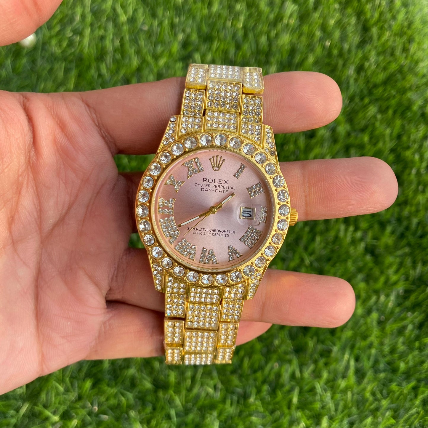 Rolex Analog Diamond Set Golden Strap Pink Dial Watch Royal Stainless Steel RLX-8085