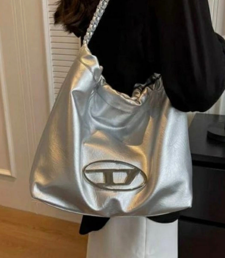 Diesel Oval D Drawstring Nylon Silver Shopper Bag DZ-4471-WBG