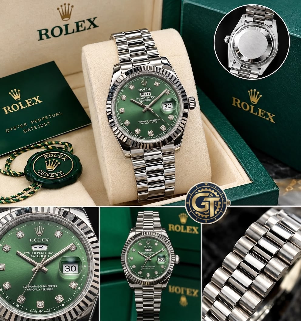 Rolex Day-Date Silver-Toned Green Dial Quartz Watch with Diamond-style hour markers-RLX-2550