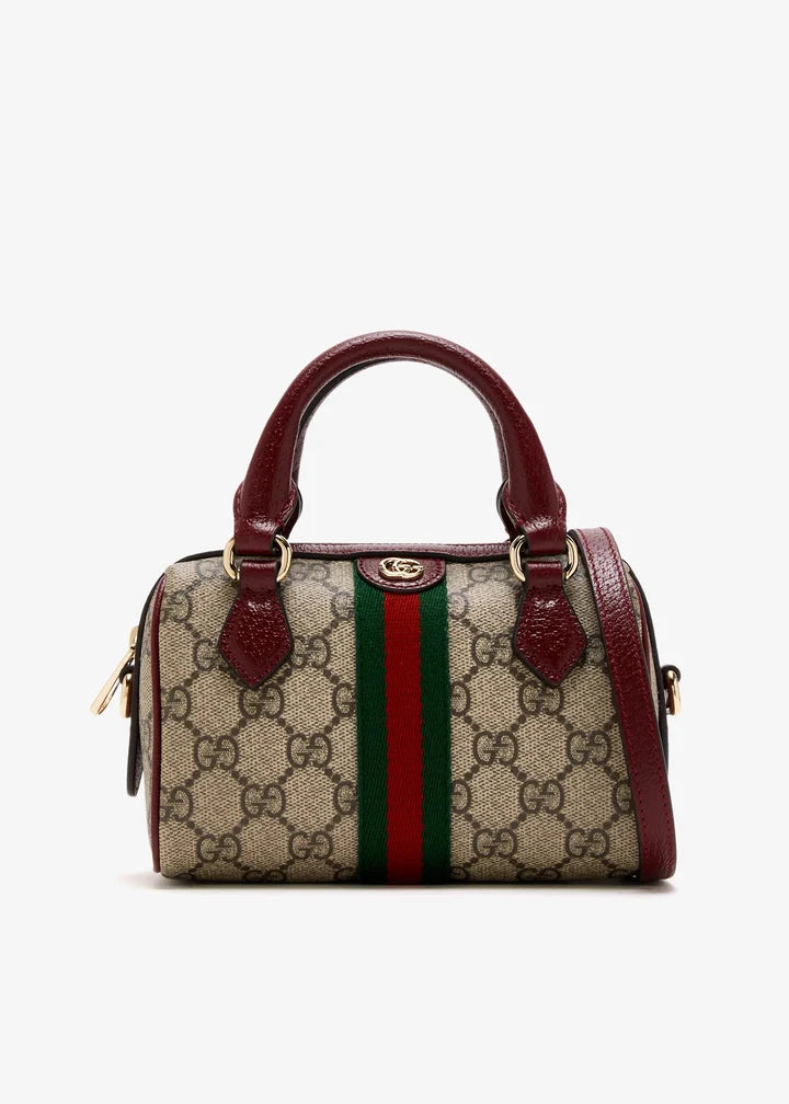 Gucci Brown Ophidia Mini Boston bag featuring the iconic GG Supreme canvas and Web stripe GC-4439-WBG