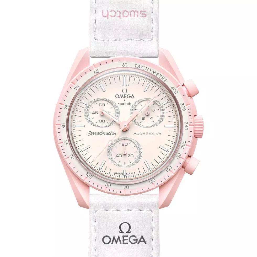 Swatch x Omega Pink & White Dial/White Strap Bioceramic Moonswatch Mission to Mercury OG-1022