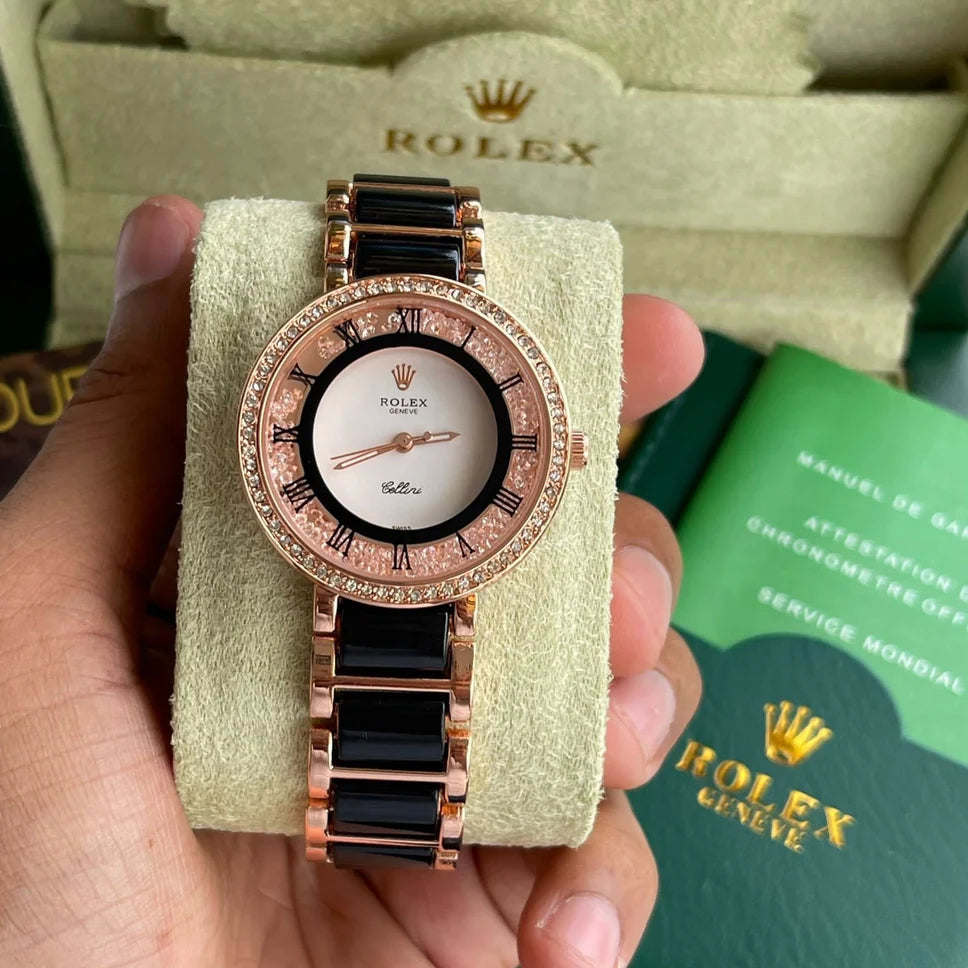 Black Gold Stainless Steel Strap Watch For Women With Diamond White Dial Best Gift Watch