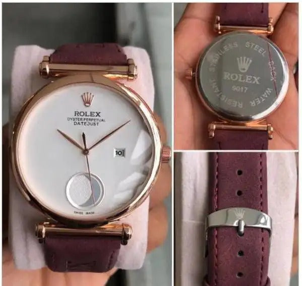 Rolex Maroon Leather Watch For Men's, Watch White Dial & Gold Metal Case RLX-2-22