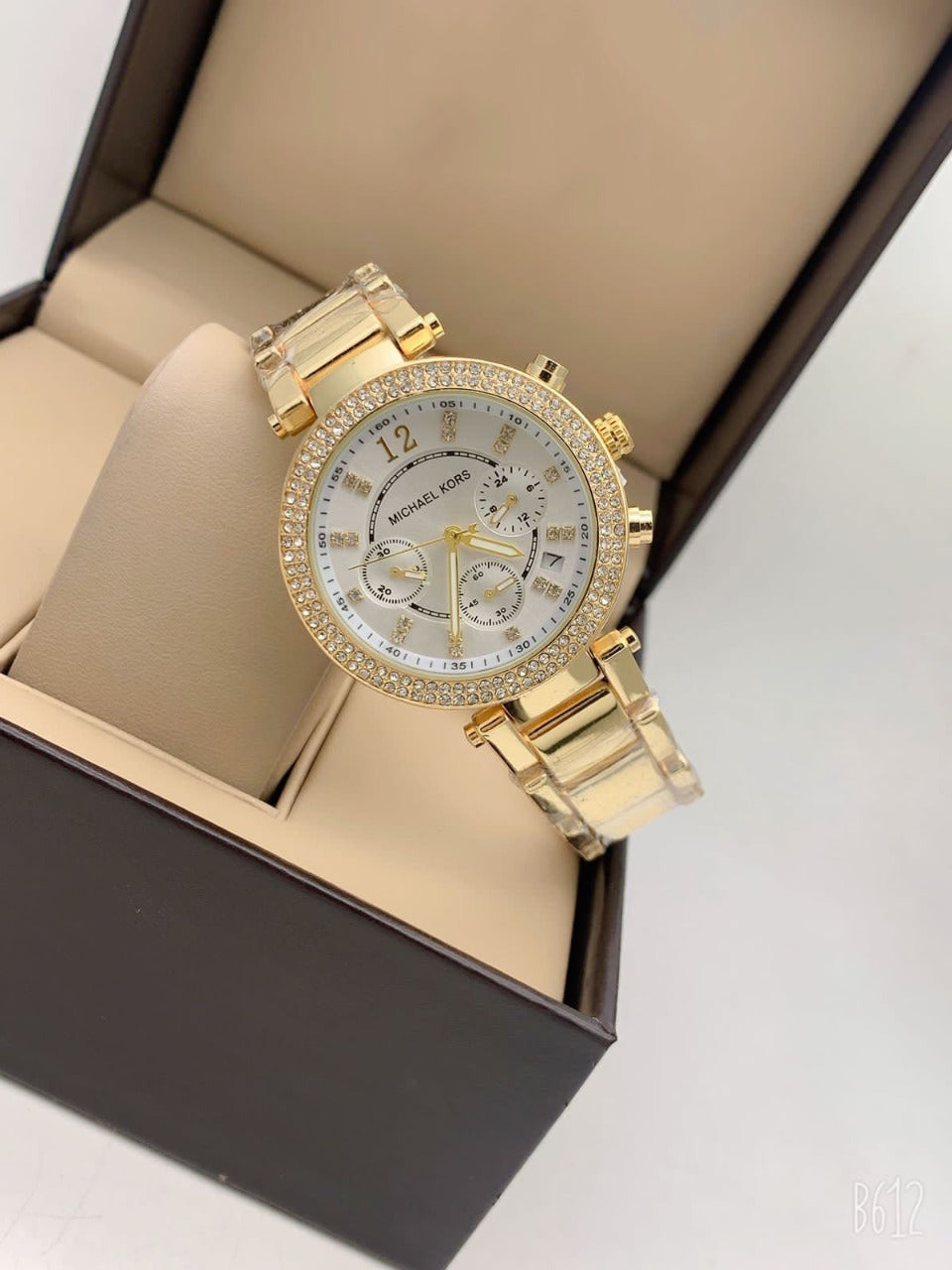 Michael Kors Chronogragh watch With Golden Color Metal Case & White And Gold Strap & White Dial Watch For Women's Design Golen Dial For Girl Or Woman Best Gift Date Watch- MK-9874