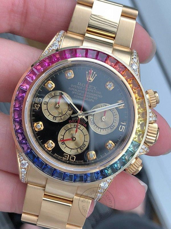 Multi Color Chronograph Men's Watch With Dual Tone Stainless Steel Strap, Diamond Case, Rainbow