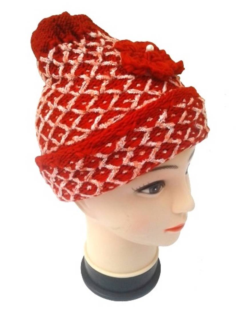 Women Knitted Woolen Red Color Cap (Pack of 1)