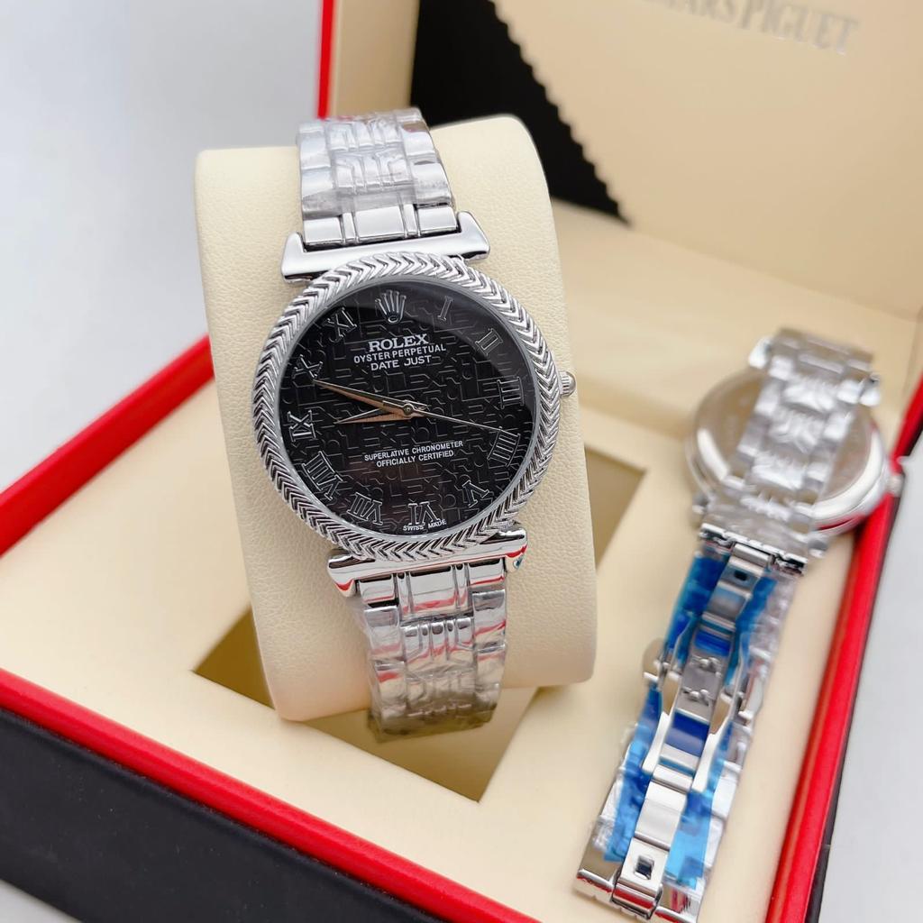 RLX Cellini Qurtz Movement White Silver Dimond Case & Black Dial Vintage Watch Women Or Girls - Best Watch For Causal Use RLX-WM-8090