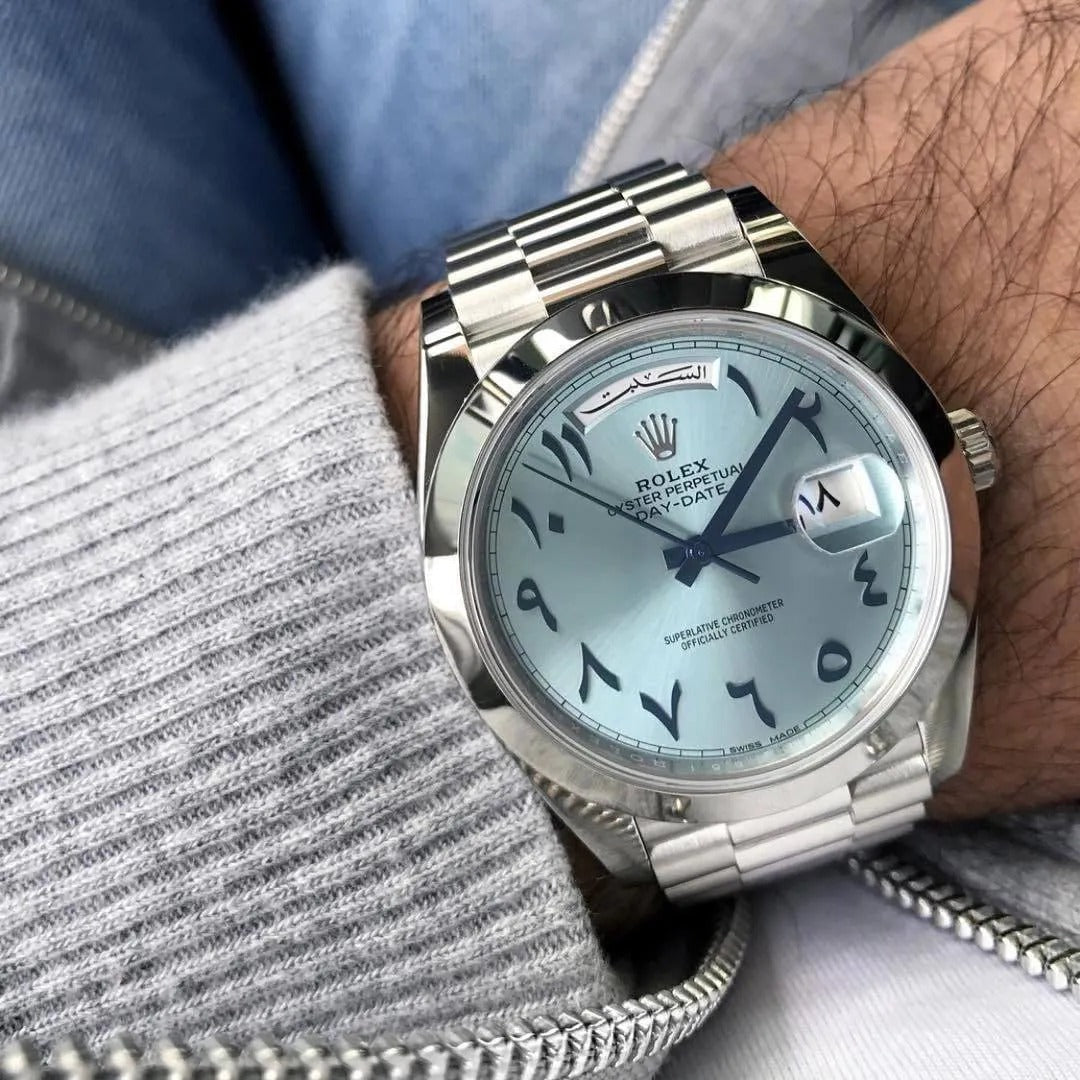 RLX Platinum. Arabic Calendar Wristwatch In submarine Blue With Eastern Arabic Numerals And Bracelet Quartz Watch For Men's RLX-GX77