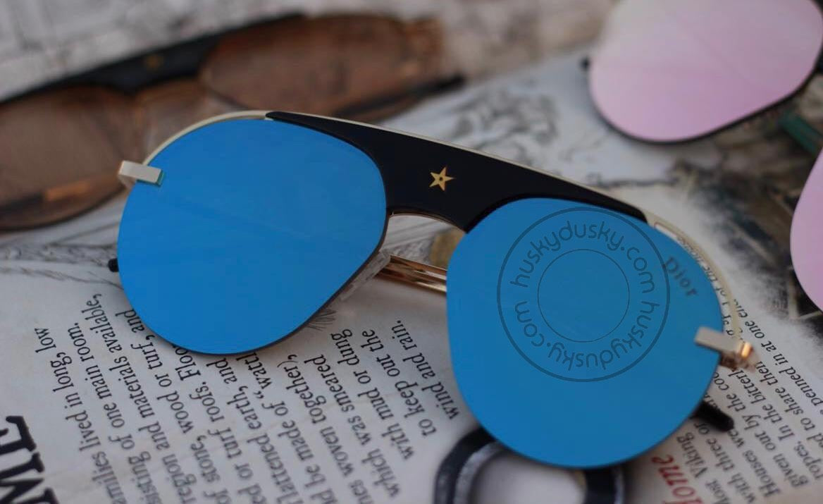 Dior Blue Color Glass Men's Sunglass for Man Woman or Girl DR-BLU-257 Gold Stick Frame Gift Sunglass