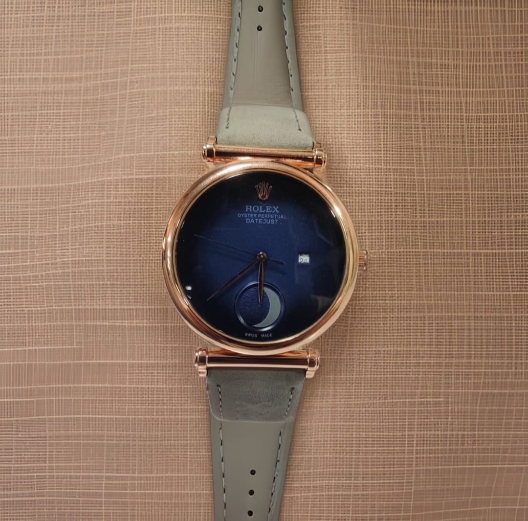 RLX Blue Leather Half Moon Watch For Women's Casual New Trending Style Watch Blue Dial With Rose Gold Meta Date And Grey Color Belt Women's Watch_ Best Gift Watch RLX-2-44
