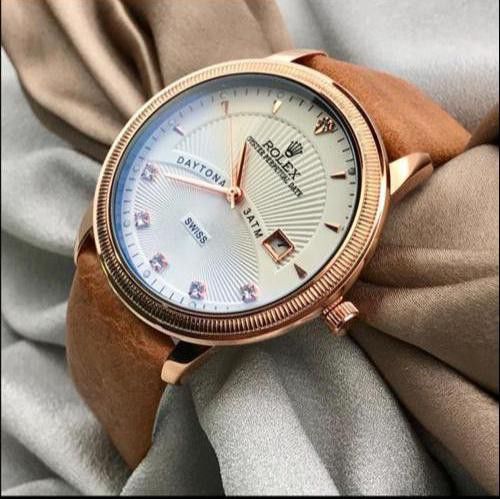 RLX Daytona 3Atm Swiss Brown Leather Men's Watch For Man Rlx-3-08 White Dial Gold Case Date Gift Watch