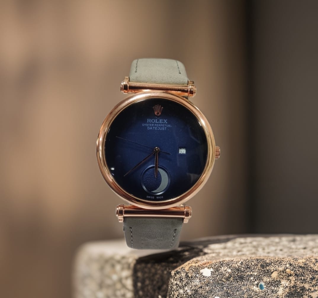 RLX Blue Leather Half Moon Watch For Women's Casual New Trending Style Watch Blue Dial With Rose Gold Meta Date And Grey Color Belt Women's Watch_ Best Gift Watch RLX-2-44