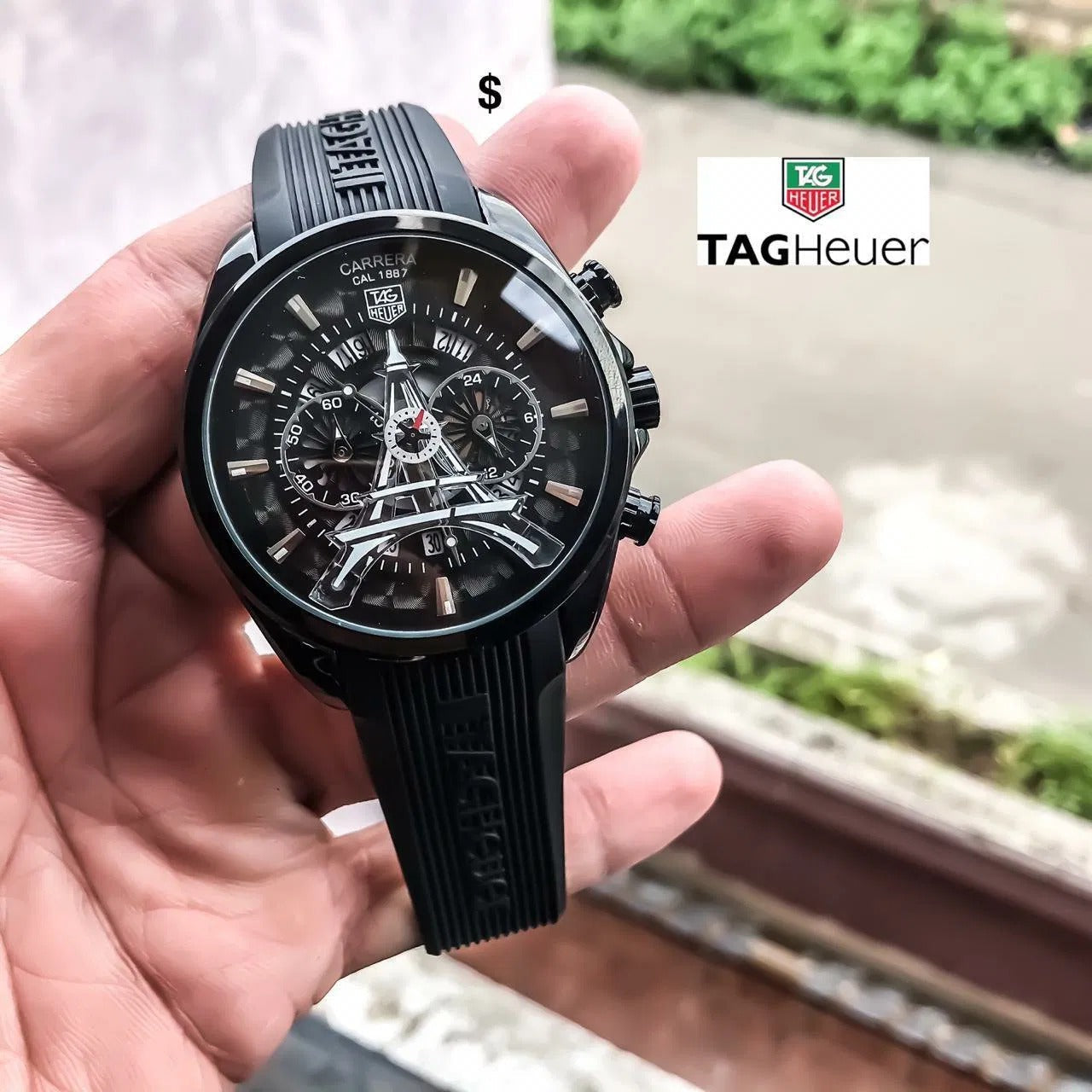 Tag Heuer Carrera Caliber Eiffel Tower Edition TAG-IT-199 Tan Color Leather Chronograph Black Dial Rubber Men s Watch For Man Gift