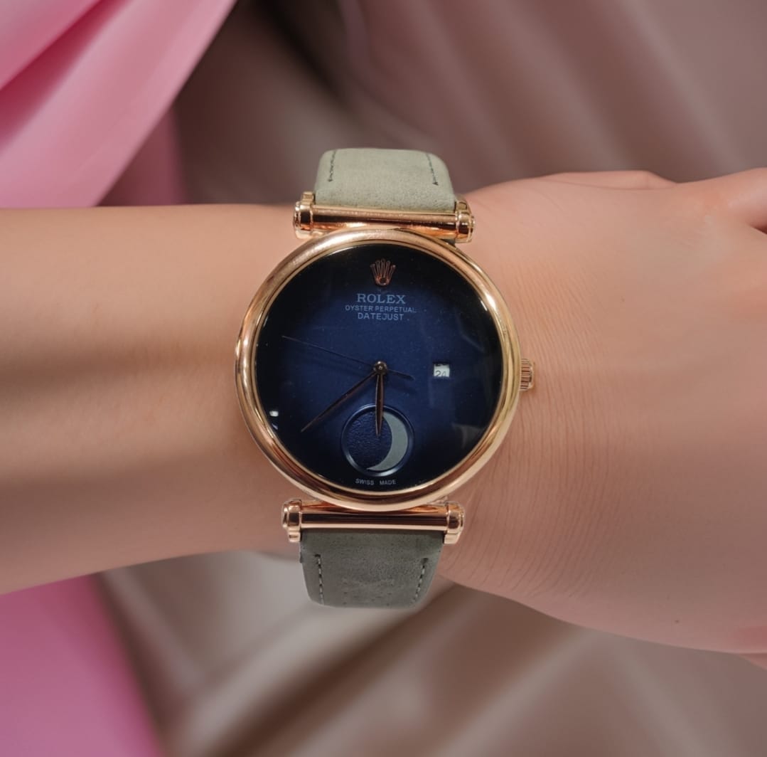 RLX Blue Leather Half Moon Watch For Women's Casual New Trending Style Watch Blue Dial With Rose Gold Meta Date And Grey Color Belt Women's Watch_ Best Gift Watch RLX-2-44