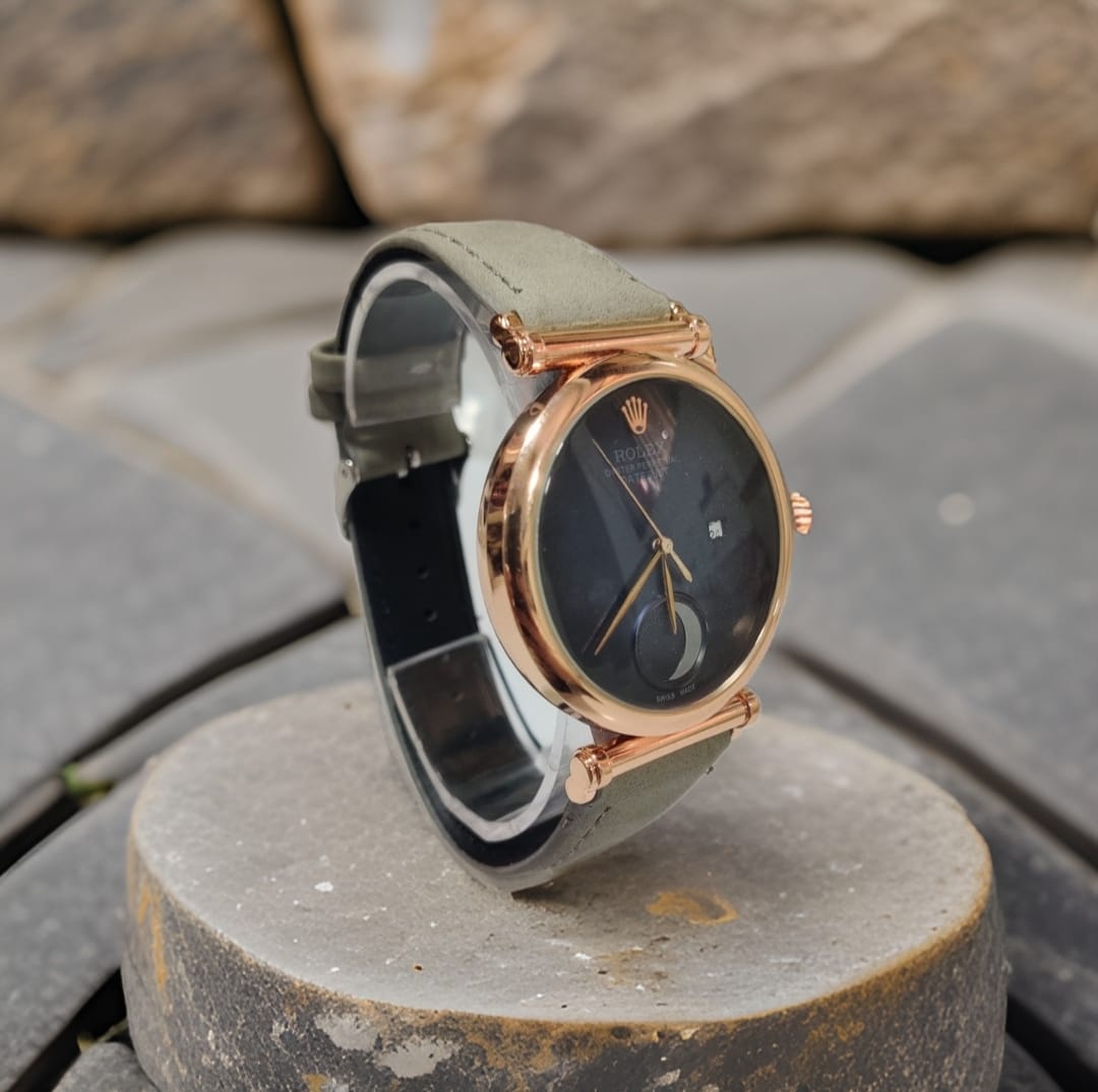 RLX Blue Leather Half Moon Watch For Women's Casual New Trending Style Watch Blue Dial With Rose Gold Meta Date And Grey Color Belt Women's Watch_ Best Gift Watch RLX-2-44