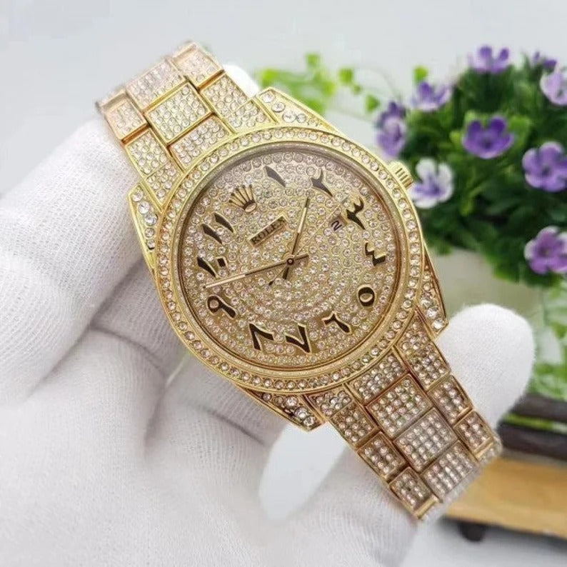 RLX Diamond Set - Aude Mars Piguet Royal Stainless Steel Watch With Arabic Gold Dial Watch For Men's And Women's -Best For Stylist Look- Rlx-Arabic-Gold