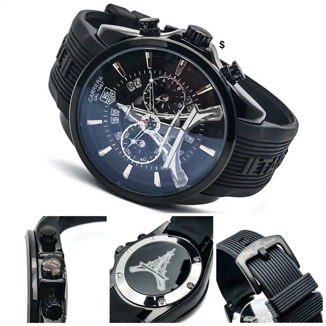 Tag Heuer Carrera Caliber Eiffel Tower Edition TAG-IT-199 Tan Color Leather Chronograph Black Dial Rubber Men s Watch For Man Gift