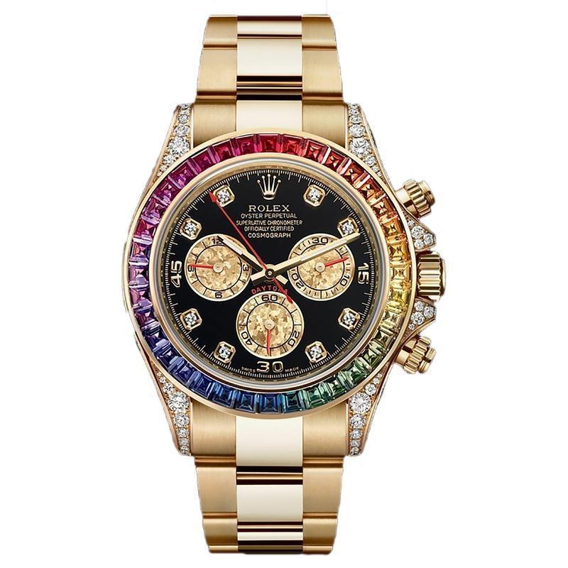 Multi Color Chronograph Men's Watch With Dual Tone Stainless Steel Strap, Diamond Case, Rainbow