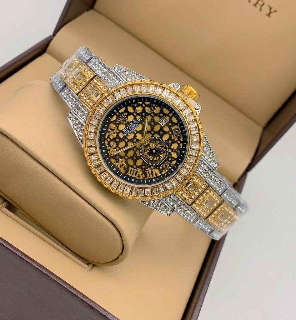 RLX Analog Diamond Set Watch Royal Multicolor Strap Stainless Steel With Black Color Dial Dated Watch For Men's And Women's -Best For Stylist Look- RLX-8091