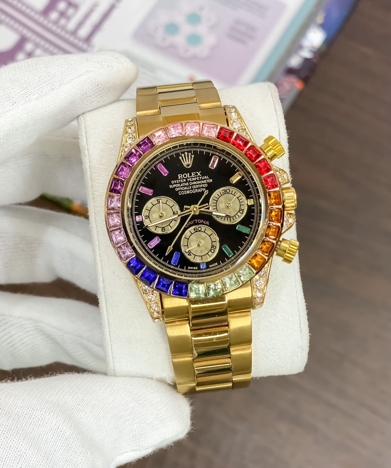 Multi Color Chronograph Men's Watch With Dual Tone Stainless Steel Strap, Diamond Case, Rainbow